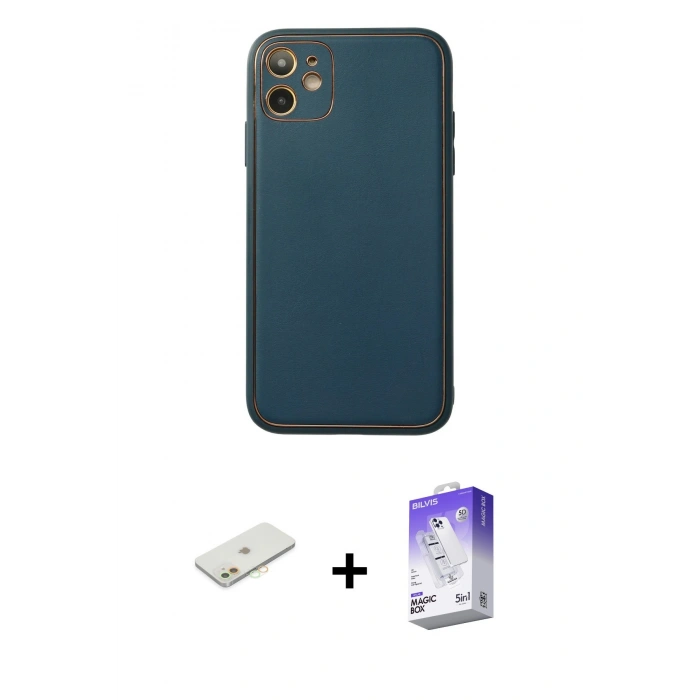 MARSİLYAN™- iPhone 12 Kılıf Yadigar Klasik - Siyah Bilvis 5in1 3D Magic Cam Ekran Koruyucu + Turuncu Renkli Kamera Lens Koruma Cam