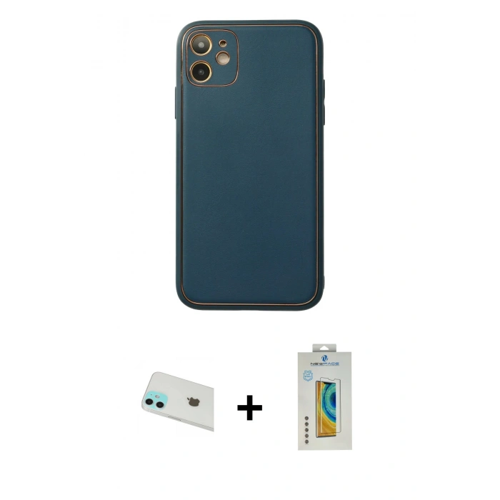 MARSİLYAN™- iPhone 12 Kılıf Yadigar Klasik - Siyah Polymer Nano Ekran Koruyucu + Yeşil Rainbow Kamera Lens Koruma Cam