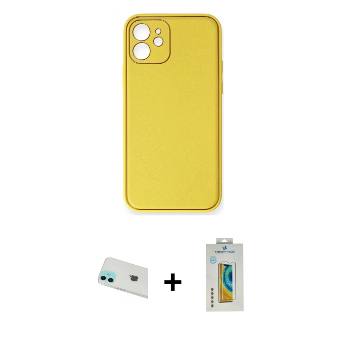 MARSİLYAN™- iPhone 12 Kılıf Yadigar Klasik - Siyah Polymer Nano Ekran Koruyucu + Yeşil Rainbow Kamera Lens Koruma Cam