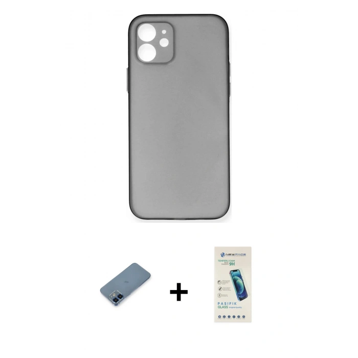 MARSİLYAN™- iPhone 12 Kılıf Yadigar Yansıma Serisi - Şeffaf Pasifik Cam Ekran Koruyucu + Mavi Metal Kamera Lens Koruma Cam