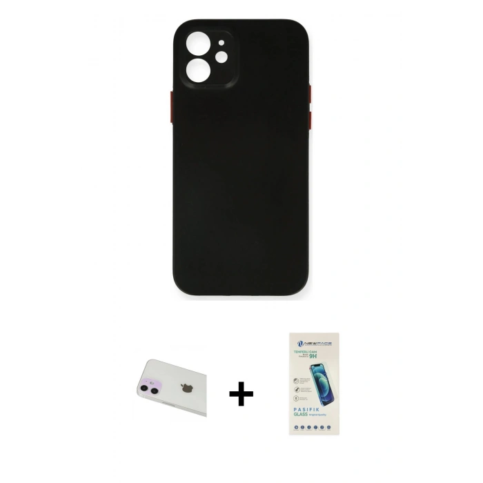 MARSİLYAN™- iPhone 12 Kılıf Yadigar Yansıma Serisi - Şeffaf Pasifik Cam Ekran Koruyucu + Rainbow Kamera Lens Koruma Cam - MR