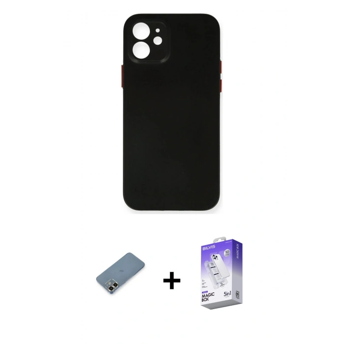 MARSİLYAN™- iPhone 12 Kılıf Yadigar Yansıma Serisi - Siyah Bilvis 5in1 3D Magic Cam Ekran Koruyucu + Metal Kamera Lens Koruma Cam - GD