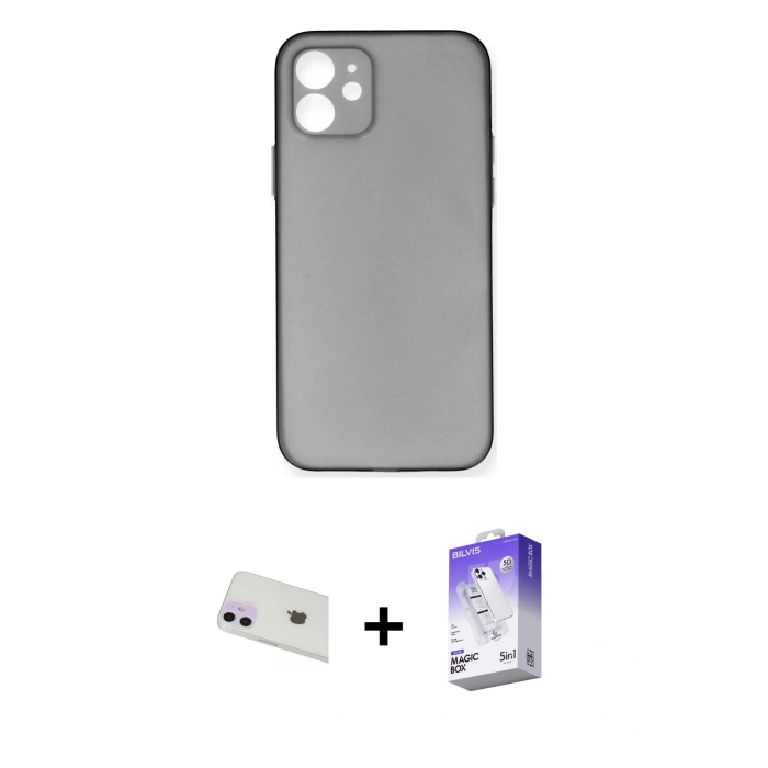 MARSİLYAN™- iPhone 12 Kılıf Yadigar Yansıma Serisi - Siyah Bilvis 5in1 3D Magic Cam Ekran Koruyucu + Rainbow Kamera Lens Koruma Cam - MR