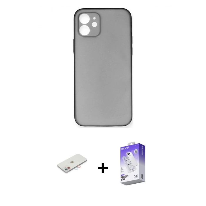 MARSİLYAN™- iPhone 12 Kılıf Yadigar Yansıma Serisi - Siyah Bilvis 5in1 3D Magic Cam Ekran Koruyucu + Pembe Renkli Kamera Lens Koruma Cam