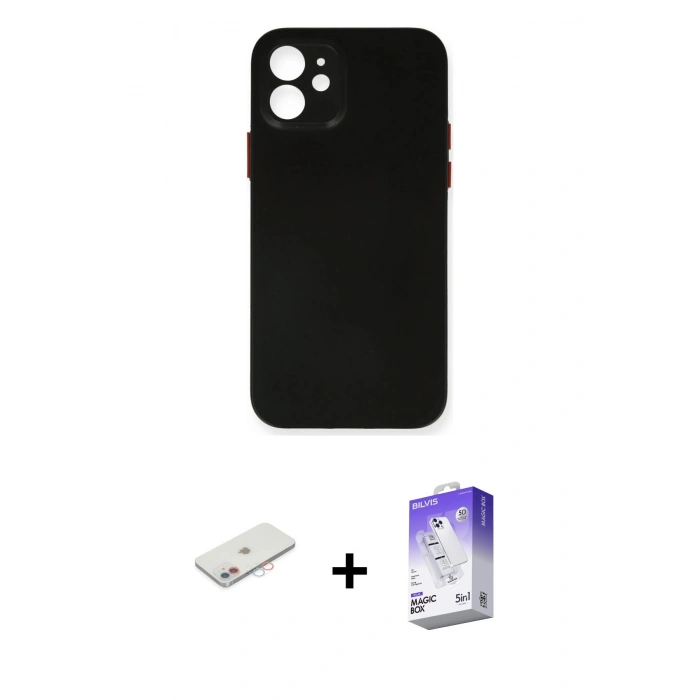 MARSİLYAN™- iPhone 12 Kılıf Yadigar Yansıma Serisi - Siyah Bilvis 5in1 3D Magic Cam Ekran Koruyucu + Pembe Renkli Kamera Lens Koruma Cam