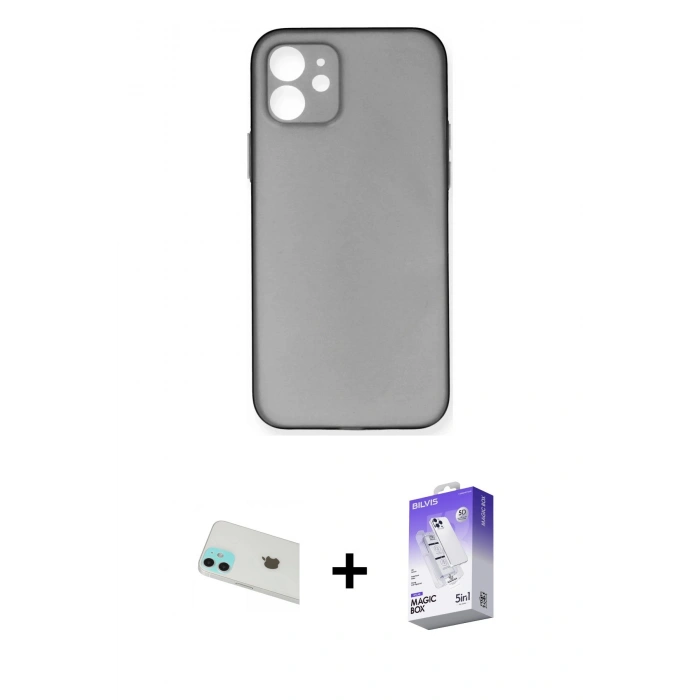 MARSİLYAN™- iPhone 12 Kılıf Yadigar Yansıma Serisi - Siyah Bilvis 5in1 3D Magic Cam Ekran Koruyucu + Rainbow Kamera Lens Koruma Cam - YL