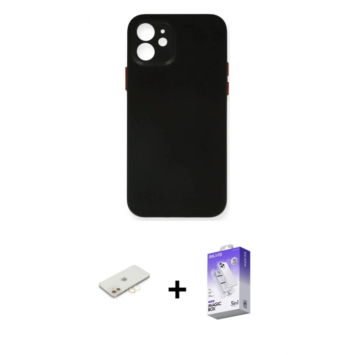 MARSİLYAN™- iPhone 12 Kılıf Yadigar Yansıma Serisi - Siyah Bilvis 5in1 3D Magic Cam Ekran Koruyucu + Renkli Kamera Lens Koruma Cam - SI