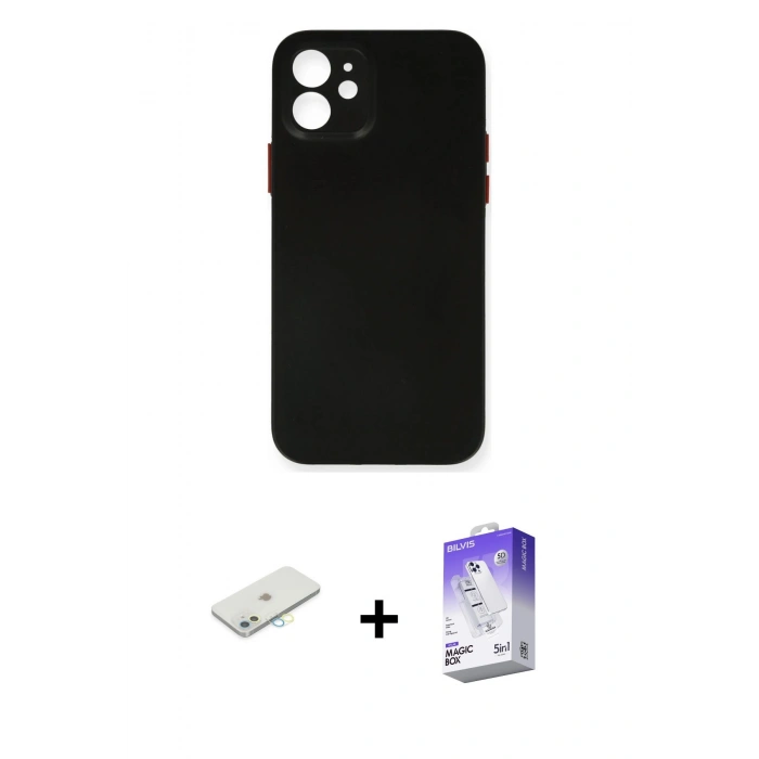 MARSİLYAN™- iPhone 12 Kılıf Yadigar Yansıma Serisi - Siyah Bilvis 5in1 3D Magic Cam Ekran Koruyucu + Renkli Kamera Lens Koruma Cam - SI