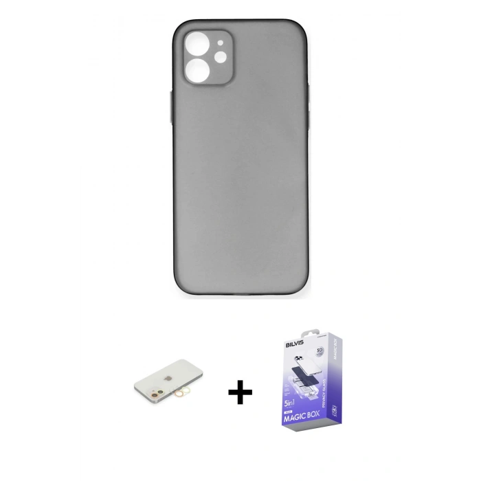MARSİLYAN™- iPhone 12 Kılıf Yadigar Yansıma Serisi - Siyah Bilvis 5in1 5D Magic Hayalet Cam Ekran Koruyucu + Renkli Kamera Lens Koruma Cam - SI