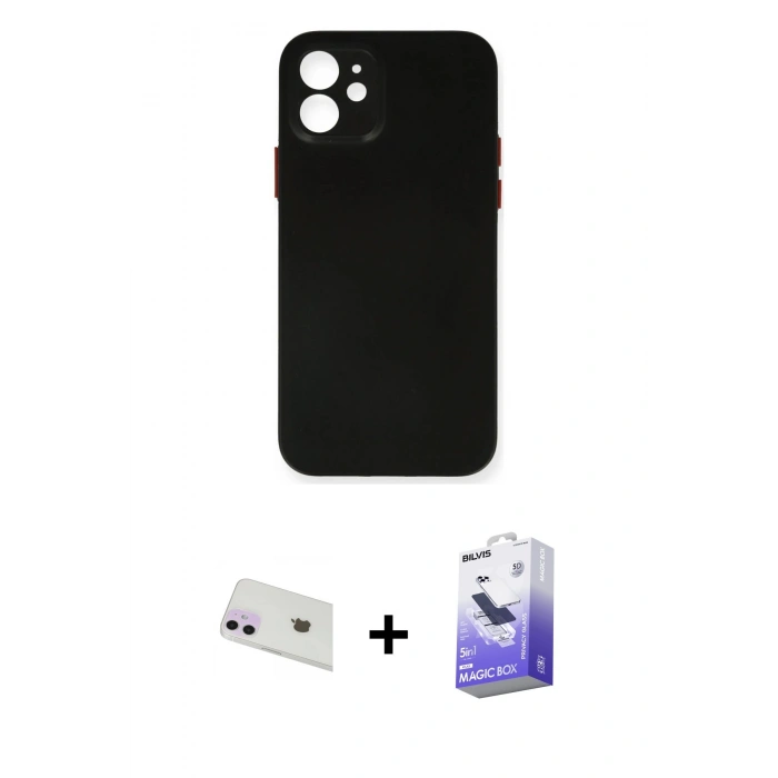 MARSİLYAN™- iPhone 12 Kılıf Yadigar Yansıma Serisi - Siyah Bilvis 5in1 5D Magic Hayalet Cam Ekran Koruyucu + Rainbow Kamera Lens Koruma Cam - MR