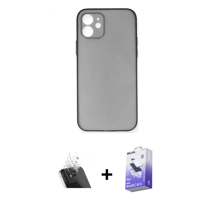 MARSİLYAN™- iPhone 12 Kılıf Yadigar Yansıma Serisi - Siyah Bilvis 5in1 5D Magic Hayalet Cam Ekran Koruyucu + Kamera Lens Koruma Cam - SF