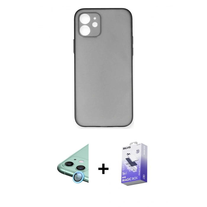 MARSİLYAN™- iPhone 12 Kılıf Yadigar Yansıma Serisi - Siyah Bilvis 5in1 5D Magic Hayalet Cam Ekran Koruyucu + Raze Metal Kamera Lens - MI
