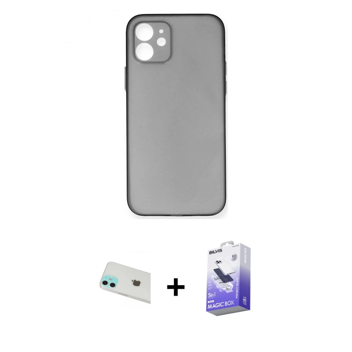 MARSİLYAN™- iPhone 12 Kılıf Yadigar Yansıma Serisi - Siyah Bilvis 5in1 5D Magic Hayalet Cam Ekran Koruyucu + Yeşil Rainbow Kamera Lens Koruma Cam