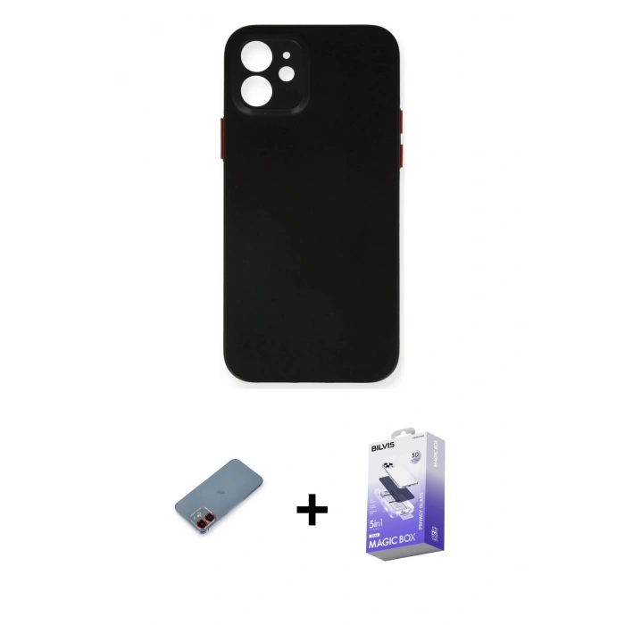 MARSİLYAN™- iPhone 12 Kılıf Yadigar Yansıma Serisi - Siyah Bilvis 5in1 5D Magic Hayalet Cam Ekran Koruyucu + Metal Kamera Lens Koruma Cam - KI