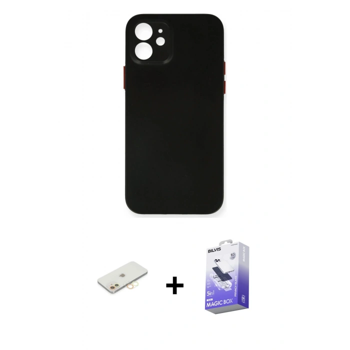 MARSİLYAN™- iPhone 12 Kılıf Yadigar Yansıma Serisi - Siyah Bilvis 5in1 5D Magic Hayalet Cam Ekran Koruyucu + Renkli Kamera Lens Koruma Cam - SI