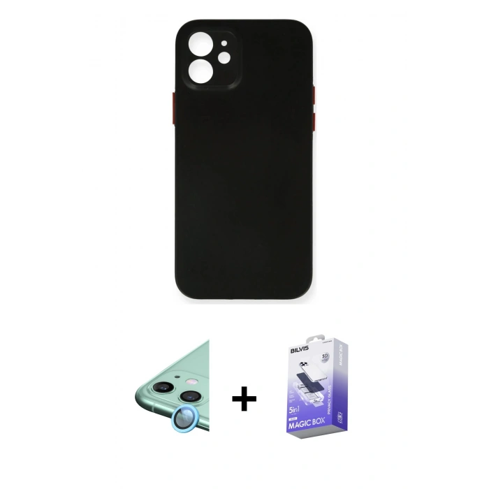 MARSİLYAN™- iPhone 12 Kılıf Yadigar Yansıma Serisi - Siyah Bilvis 5in1 5D Magic Hayalet Cam Ekran Koruyucu + Raze Metal Kamera Lens - MI