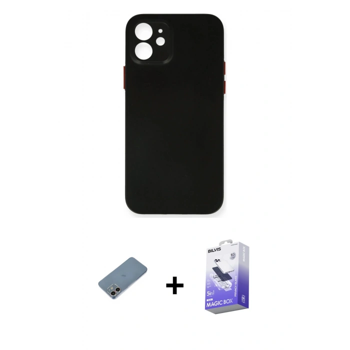 MARSİLYAN™- iPhone 12 Kılıf Yadigar Yansıma Serisi - Siyah Bilvis 5in1 5D Magic Hayalet Cam Ekran Koruyucu + Shine Kamera Lens Koruma Cam - GI
