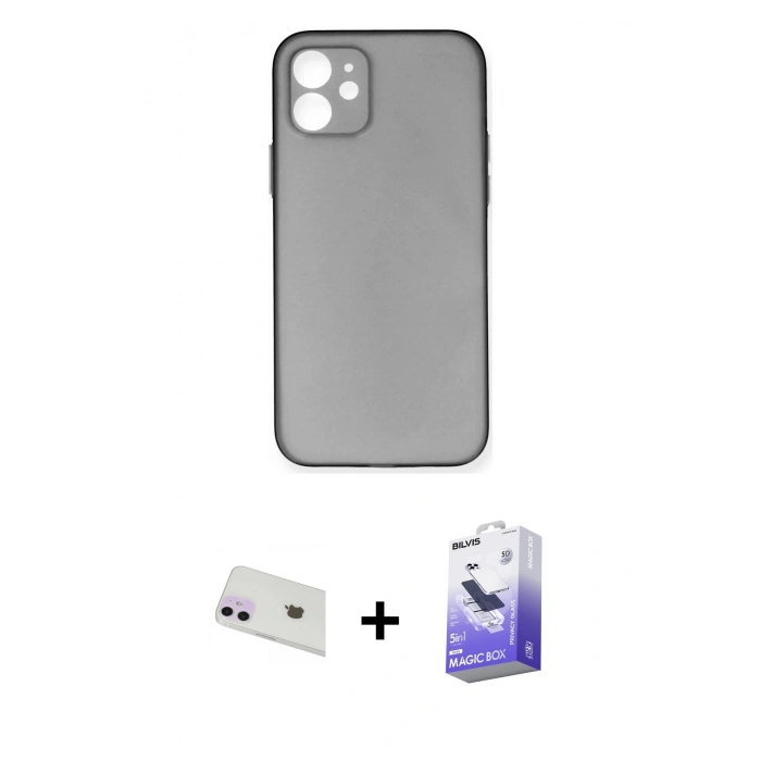 MARSİLYAN™- iPhone 12 Kılıf Yadigar Yansıma Serisi - Siyah Bilvis 5in1 5D Magic Hayalet Cam Ekran Koruyucu + Rainbow Kamera Lens Koruma Cam - MR