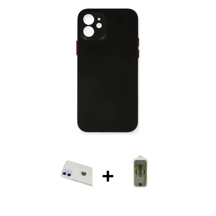 MARSİLYAN™- iPhone 12 Kılıf Yadigar Yansıma Serisi - Siyah Joko Magic 5D Hayalet Cam + Rainbow Kamera Lens Koruma Cam - MR