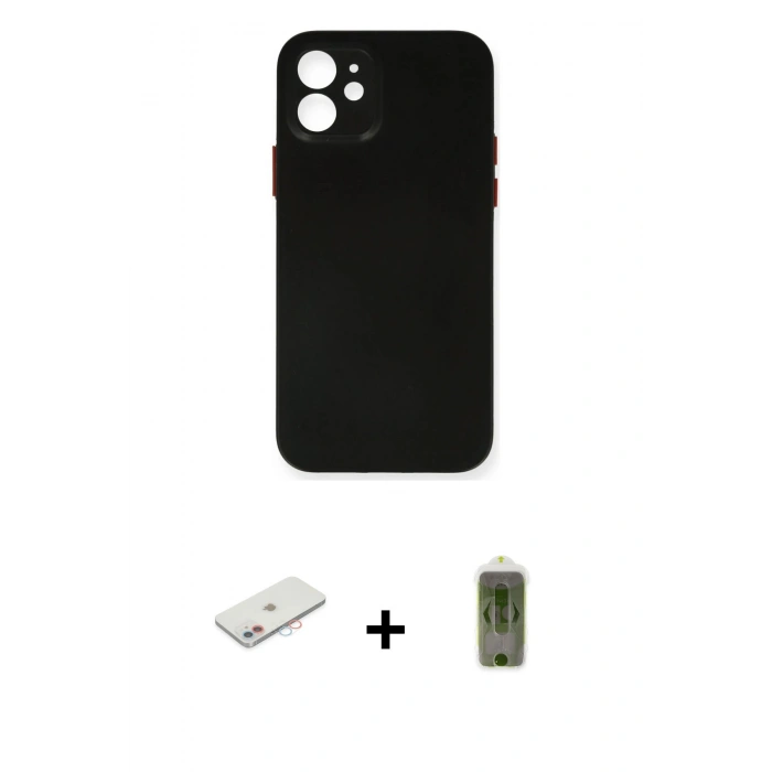 MARSİLYAN™- iPhone 12 Kılıf Yadigar Yansıma Serisi - Siyah Joko Magic 5D Hayalet Cam + Pembe Renkli Kamera Lens Koruma Cam
