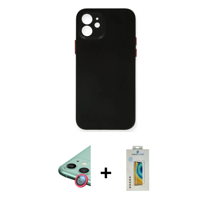 MARSİLYAN™- iPhone 12 Kılıf Yadigar Yansıma Serisi - Siyah Polymer Nano Ekran Koruyucu + Raze Metal Kamera Lens - KI