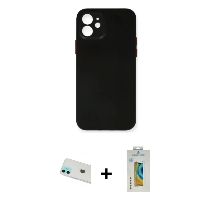 MARSİLYAN™- iPhone 12 Kılıf Yadigar Yansıma Serisi - Siyah Polymer Nano Ekran Koruyucu + Rainbow Kamera Lens Koruma Cam - YL