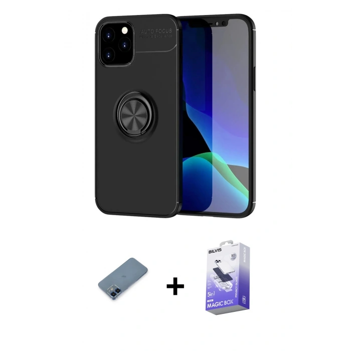 MARSİLYAN™- iPhone 12 Kılıf Yankı Form Prime - Siyah Bilvis 5in1 5D Magic Hayalet Cam Ekran Koruyucu + Metal Kamera Lens Koruma Cam - MI