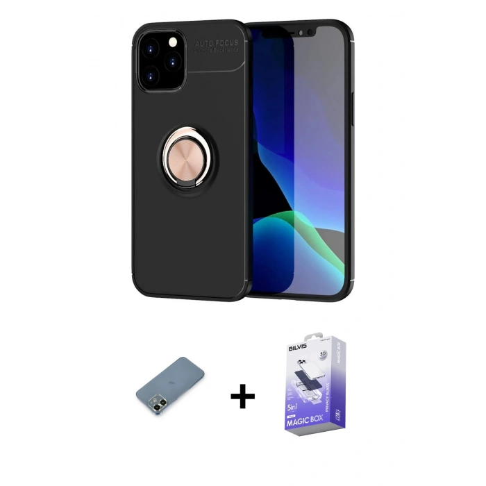 MARSİLYAN™- iPhone 12 Kılıf Yankı Form Prime - Siyah Bilvis 5in1 5D Magic Hayalet Cam Ekran Koruyucu + Metal Kamera Lens Koruma Cam - AKYL