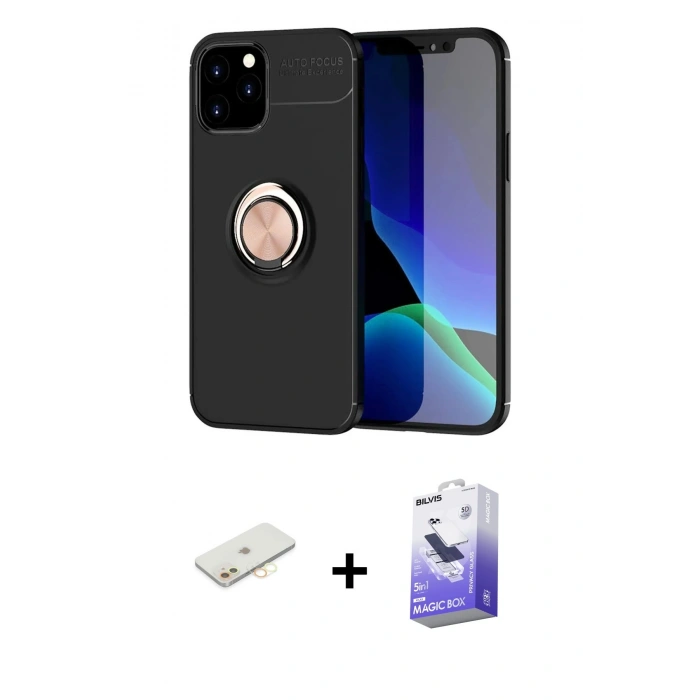 MARSİLYAN™- iPhone 12 Kılıf Yankı Form Prime - Siyah Bilvis 5in1 5D Magic Hayalet Cam Ekran Koruyucu + Renkli Kamera Lens Koruma Cam - SI