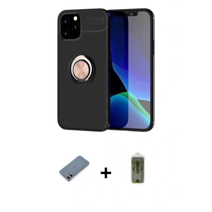 MARSİLYAN™- iPhone 12 Kılıf Yankı Form Prime - Siyah Joko Magic 5D Hayalet Cam + Gold Metal Kamera Lens Koruma Cam