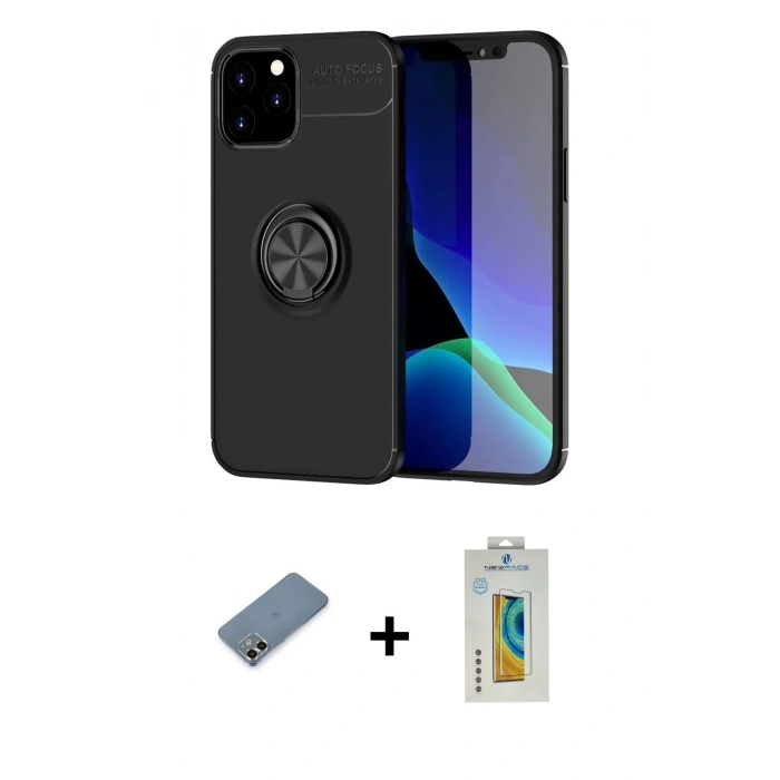 MARSİLYAN™- iPhone 12 Kılıf Yankı Form Prime - Siyah Polymer Nano Ekran Koruyucu + Metal Kamera Lens Koruma Cam - GD