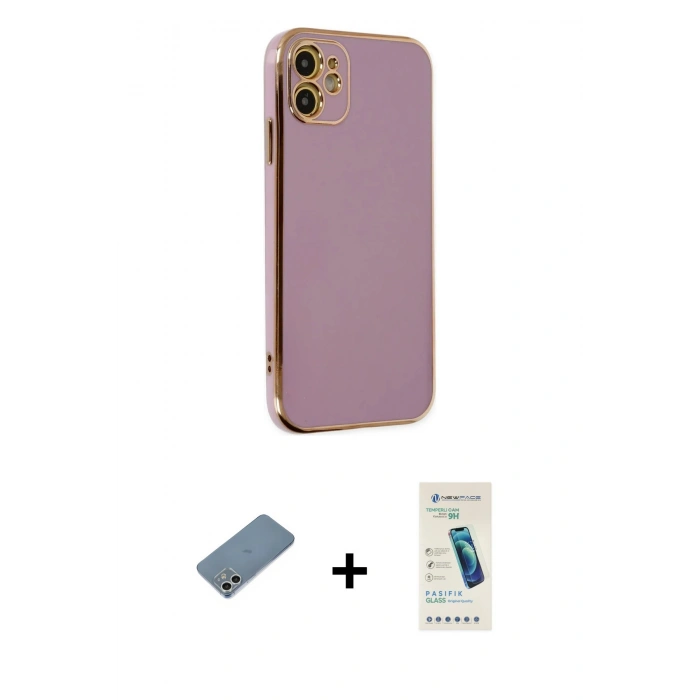MARSİLYAN™- iPhone 12 Kılıf Yankı Serisi - Şeffaf Pasifik Cam Ekran Koruyucu + Shine Kamera Lens Koruma Cam - GS