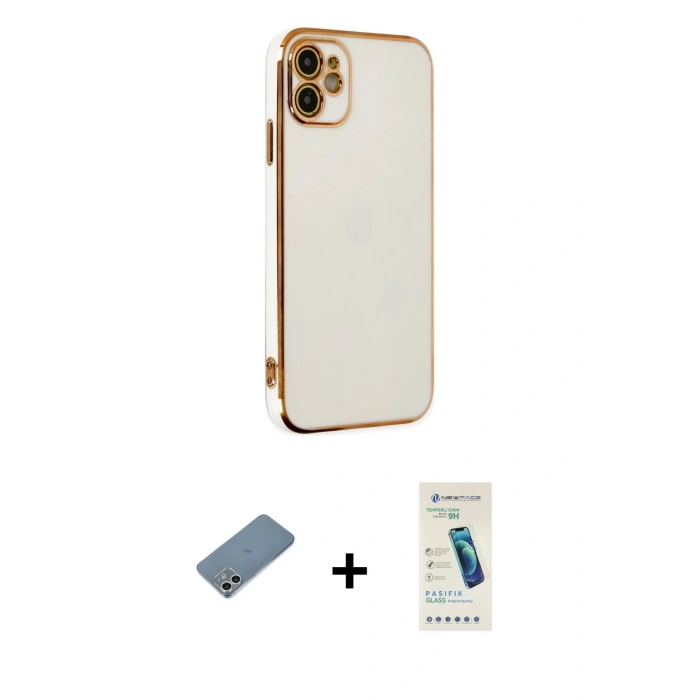 MARSİLYAN™- iPhone 12 Kılıf Yankı Serisi - Şeffaf Pasifik Cam Ekran Koruyucu + Shine Kamera Lens Koruma Cam - GS