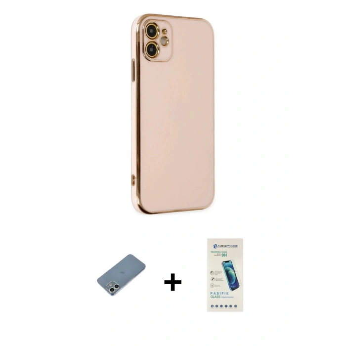 MARSİLYAN™- iPhone 12 Kılıf Yankı Serisi - Şeffaf Pasifik Cam Ekran Koruyucu + Shine Kamera Lens Koruma Cam - GS