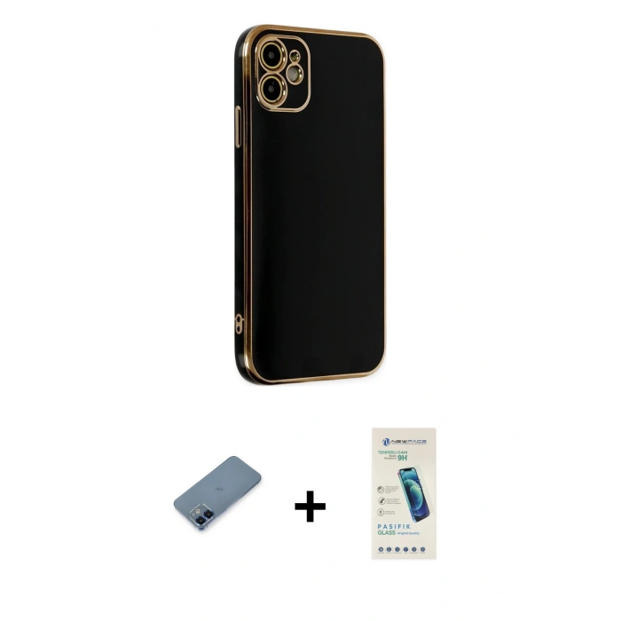 MARSİLYAN™- iPhone 12 Kılıf Yankı Serisi - Şeffaf Pasifik Cam Ekran Koruyucu + Metal Kamera Lens Koruma Cam - MI