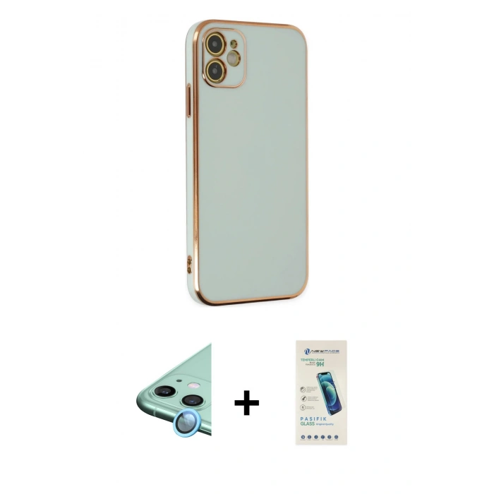 MARSİLYAN™- iPhone 12 Kılıf Yankı Serisi - Şeffaf Pasifik Cam Ekran Koruyucu + Raze Metal Kamera Lens - MI