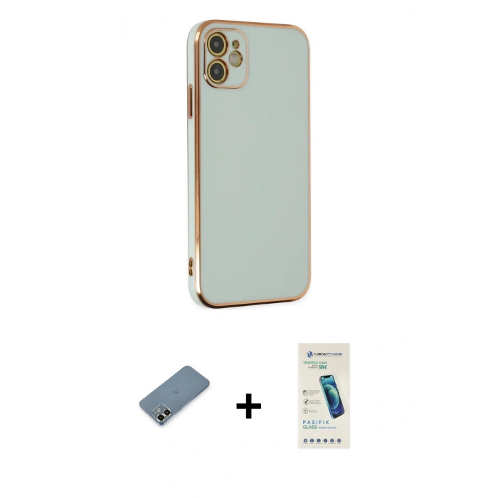 MARSİLYAN™- iPhone 12 Kılıf Yankı Serisi - Şeffaf Pasifik Cam Ekran Koruyucu + Metal Kamera Lens Koruma Cam - AKYL