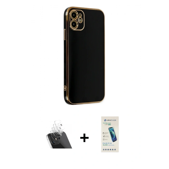 MARSİLYAN™- iPhone 12 Kılıf Yankı Serisi - Şeffaf Pasifik Cam Ekran Koruyucu + Kamera Lens Koruma Cam - SF