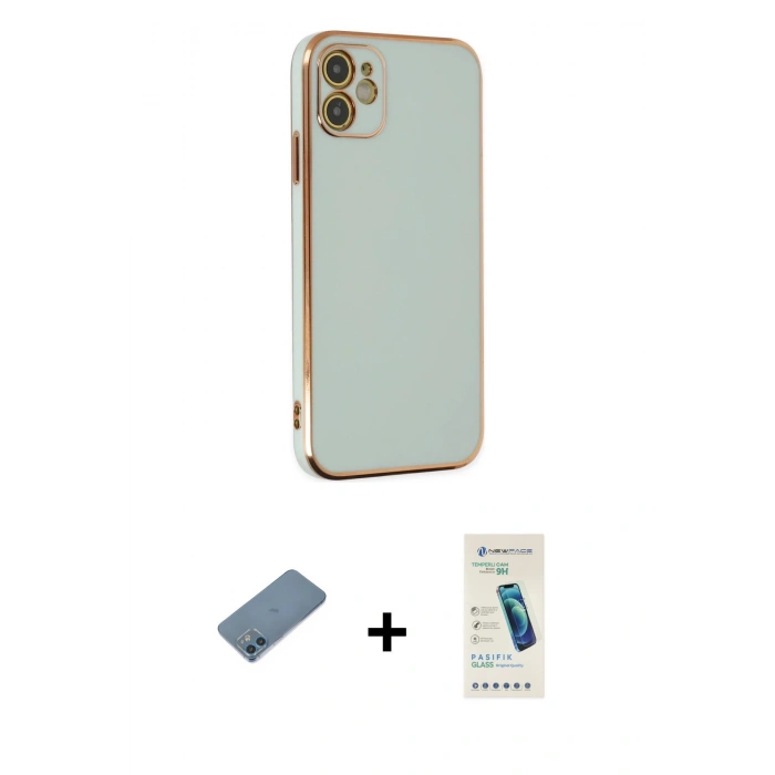 MARSİLYAN™- iPhone 12 Kılıf Yankı Serisi - Şeffaf Pasifik Cam Ekran Koruyucu + Shine Kamera Lens Koruma Cam - MI