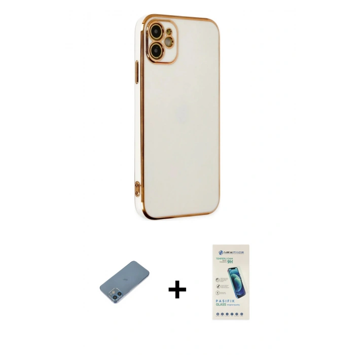MARSİLYAN™- iPhone 12 Kılıf Yankı Serisi - Şeffaf Pasifik Cam Ekran Koruyucu + Shine Kamera Lens Koruma Cam - MI