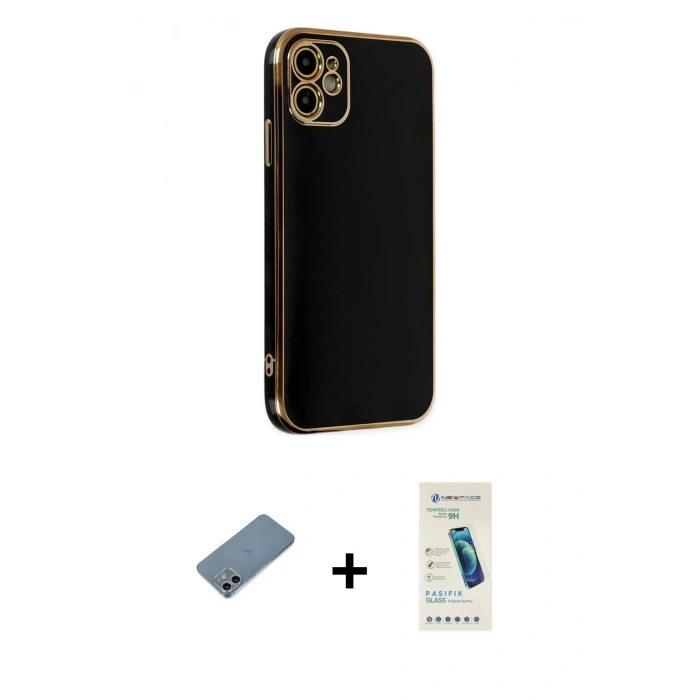 MARSİLYAN™- iPhone 12 Kılıf Yankı Serisi - Şeffaf Pasifik Cam Ekran Koruyucu + Shine Kamera Lens Koruma Cam - SABE