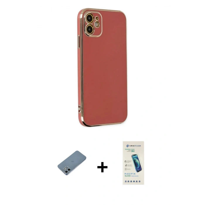 MARSİLYAN™- iPhone 12 Kılıf Yankı Serisi - Şeffaf Pasifik Cam Ekran Koruyucu + Shine Kamera Lens Koruma Cam - SABE