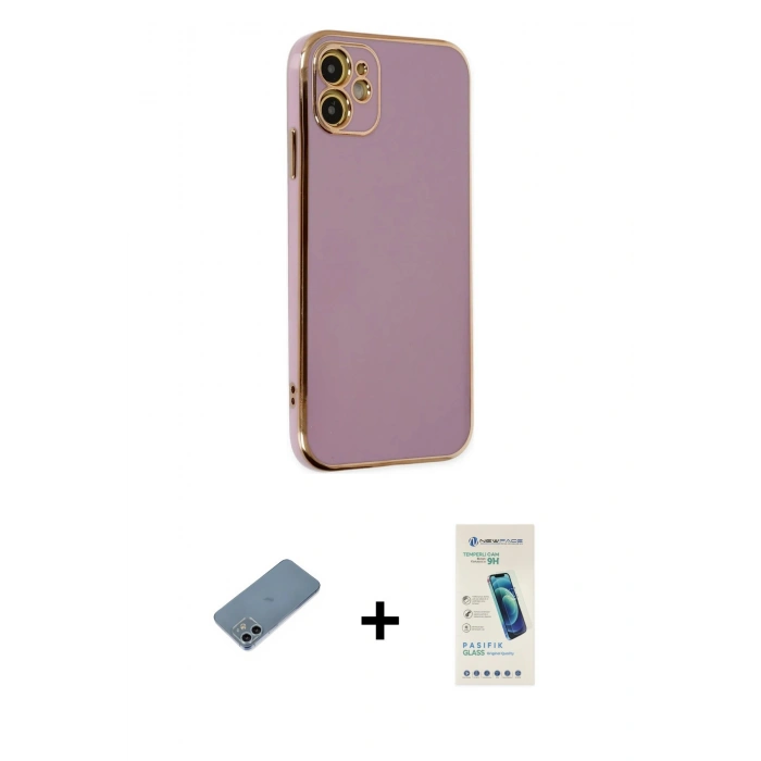 MARSİLYAN™- iPhone 12 Kılıf Yankı Serisi - Şeffaf Pasifik Cam Ekran Koruyucu + Shine Kamera Lens Koruma Cam - SABE