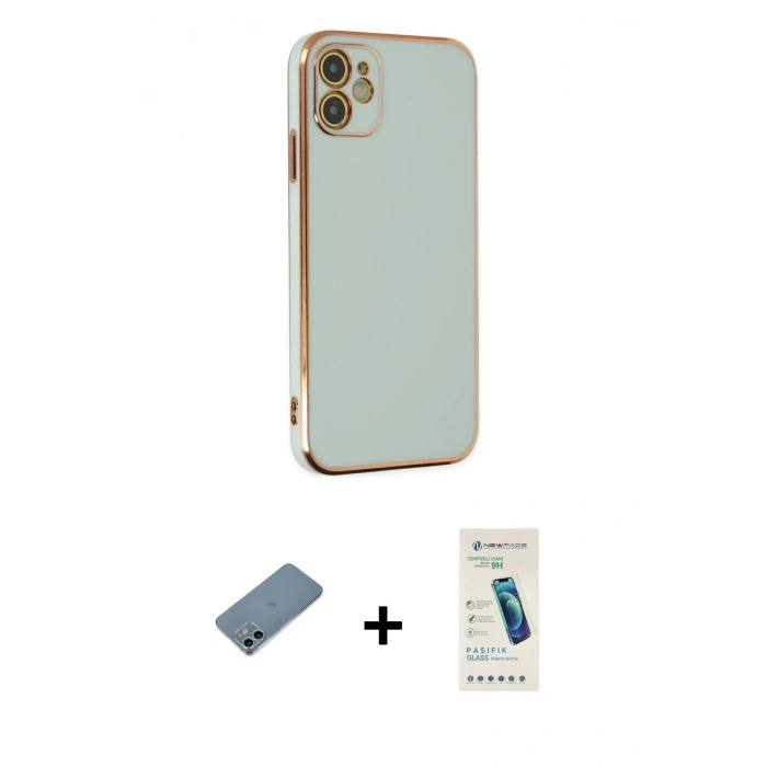 MARSİLYAN™- iPhone 12 Kılıf Yankı Serisi - Şeffaf Pasifik Cam Ekran Koruyucu + Shine Kamera Lens Koruma Cam - SABE