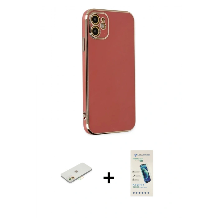 MARSİLYAN™- iPhone 12 Kılıf Yankı Serisi - Şeffaf Pasifik Cam Ekran Koruyucu + Renkli Kamera Lens Koruma Cam - TU