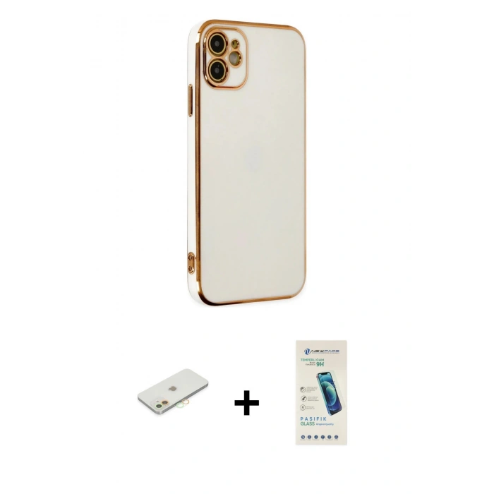 MARSİLYAN™- iPhone 12 Kılıf Yankı Serisi - Şeffaf Pasifik Cam Ekran Koruyucu + Renkli Kamera Lens Koruma Cam - TU