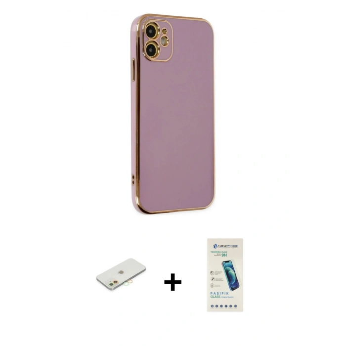 MARSİLYAN™- iPhone 12 Kılıf Yankı Serisi - Şeffaf Pasifik Cam Ekran Koruyucu + Renkli Kamera Lens Koruma Cam - TU