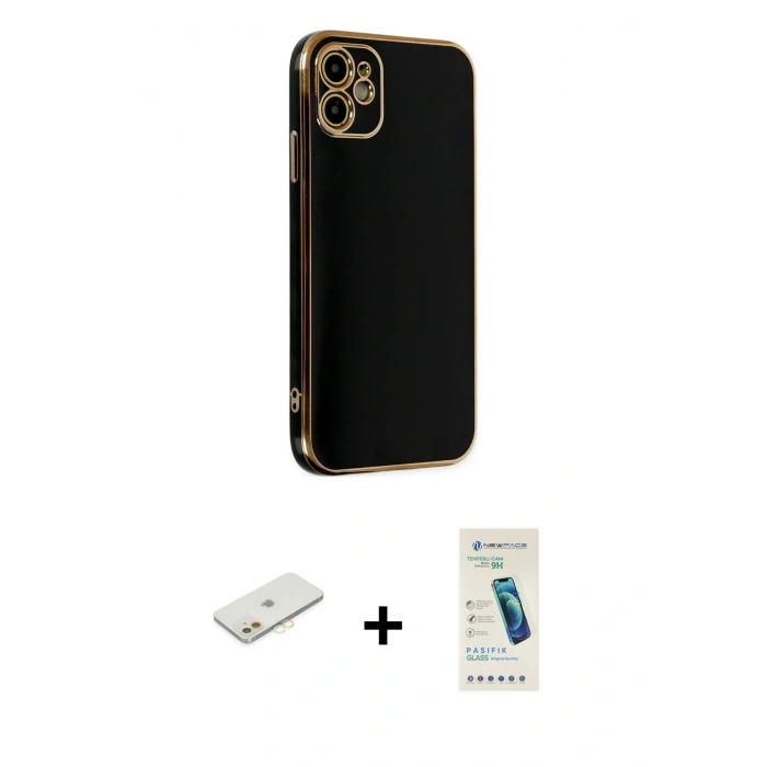 MARSİLYAN™- iPhone 12 Kılıf Yankı Serisi - Şeffaf Pasifik Cam Ekran Koruyucu + Renkli Kamera Lens Koruma Cam - TU