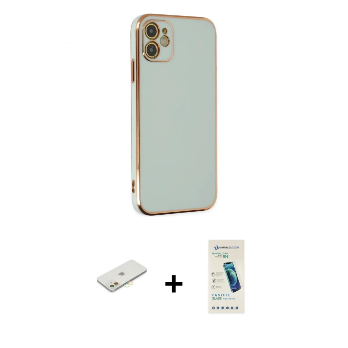 MARSİLYAN™- iPhone 12 Kılıf Yankı Serisi - Şeffaf Pasifik Cam Ekran Koruyucu + Renkli Kamera Lens Koruma Cam - TU