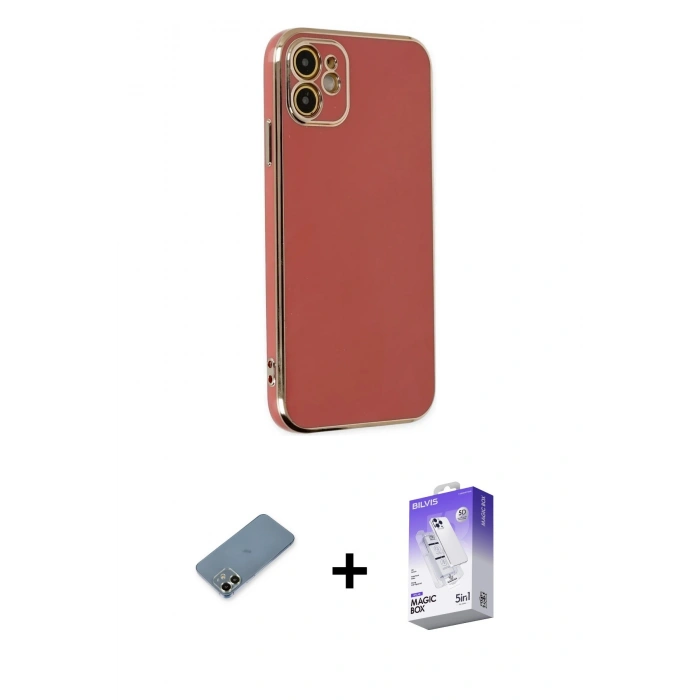 MARSİLYAN™- iPhone 12 Kılıf Yankı Serisi - Siyah Bilvis 5in1 3D Magic Cam Ekran Koruyucu + Metal Kamera Lens Koruma Cam - AKYL